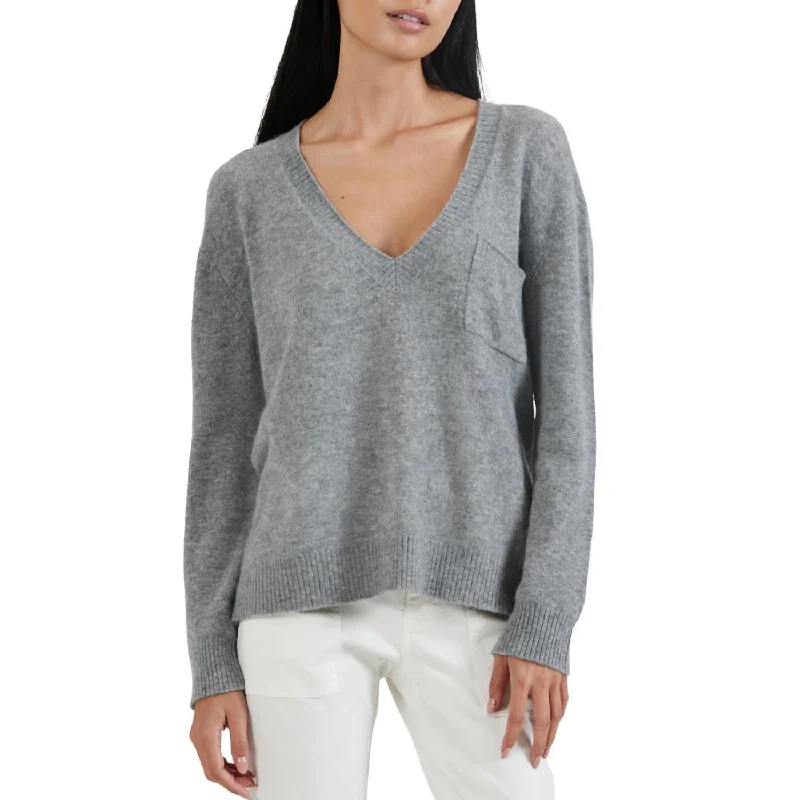 Cashmere Deep V-Neck Pocket Sweater In Heather Fog