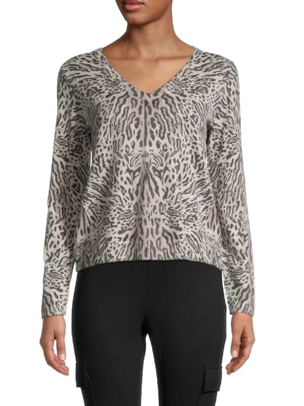 Cashmere Ocelot V Neck Sweater In Animal