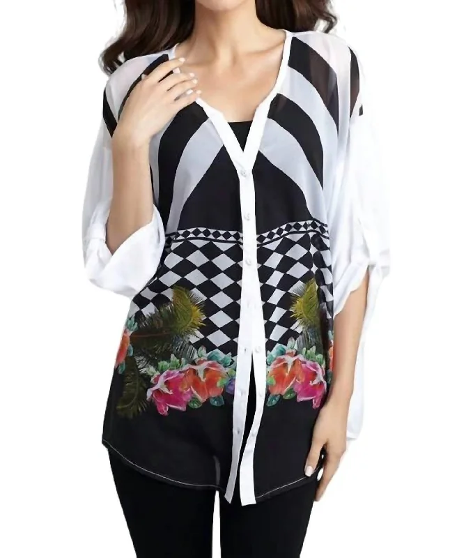 Checkerboard Floral Cardigan In White Multi