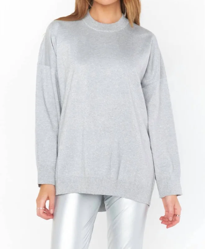 Classic Crewneck Sweater In Silver Metallic Knit