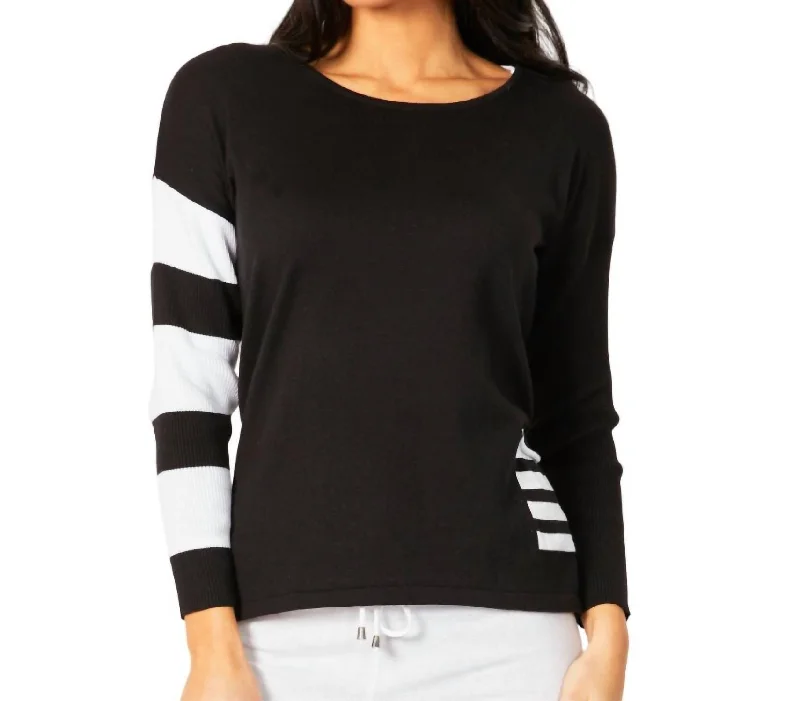 Crew Neck Stripe Arm & Pocket Top In Black