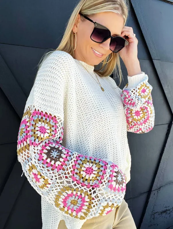 Crochet Sleeve Sweater In Ivory