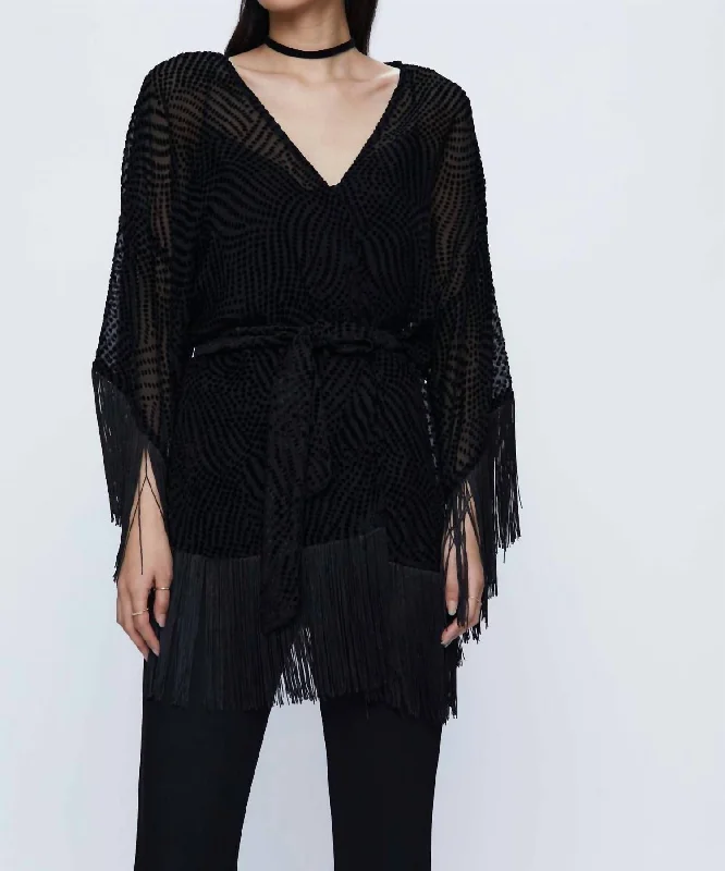 Devore Velvet Kimono With Fringe In Black