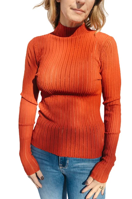 High Neck Fitted Top In Red Orange