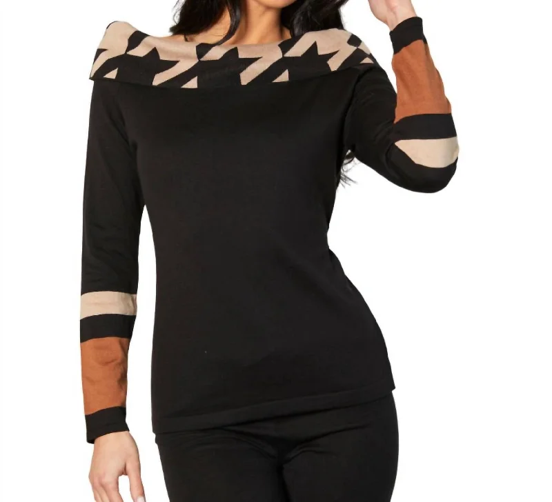 Houndstooth Cowl Neck Top In Black/combo