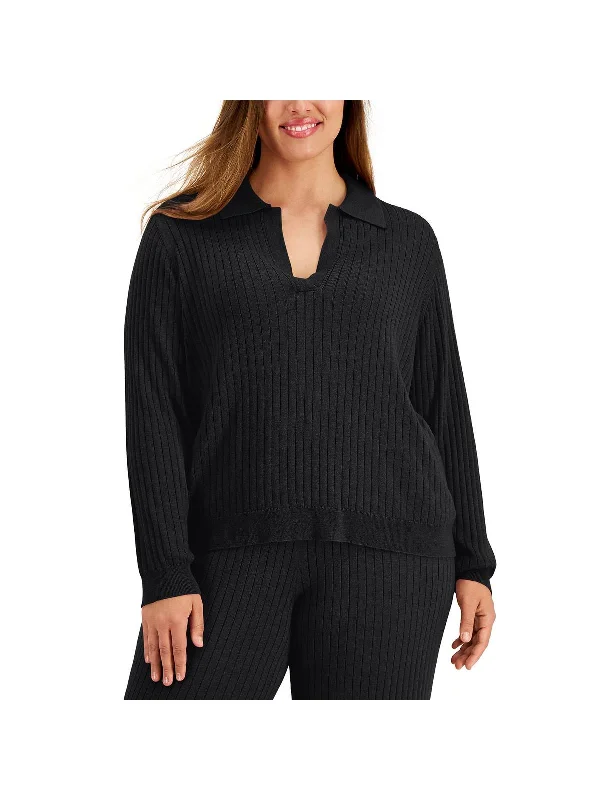 Plus Womens Ribbed Knit Collared Pullover Sweater