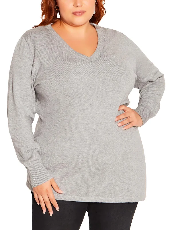 Plus Womens Ribbed Trim Stretch V-Neck Sweater