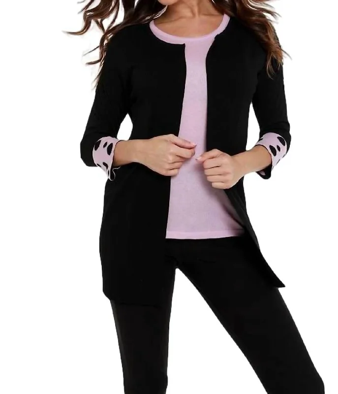 Polka Dot Sleeve Ribbed Open Cardigan In Black/pink