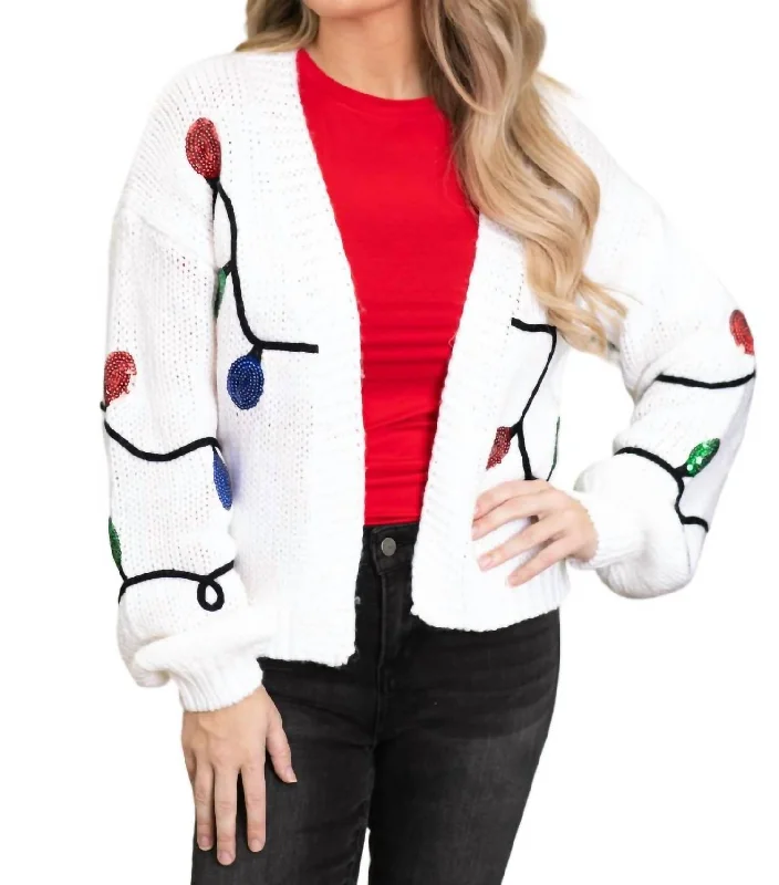 Raya Sequined Christmas Lights Cardigan In White