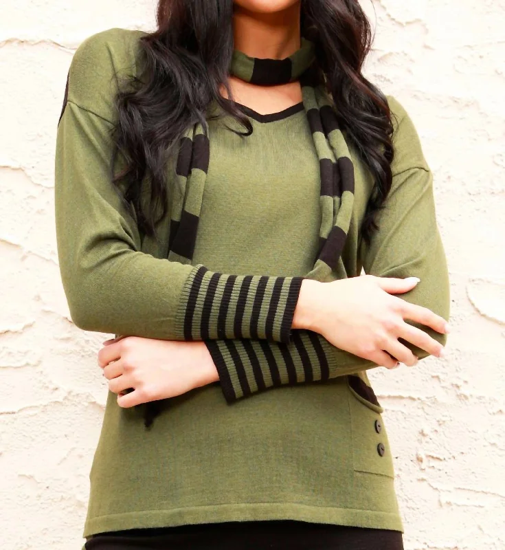 V-Neck Sweater With Scarf In Sage/black