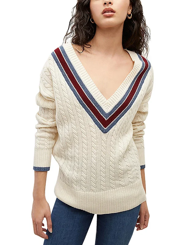 Womens Cable-Knit Ribbed Trim V-Neck Sweater