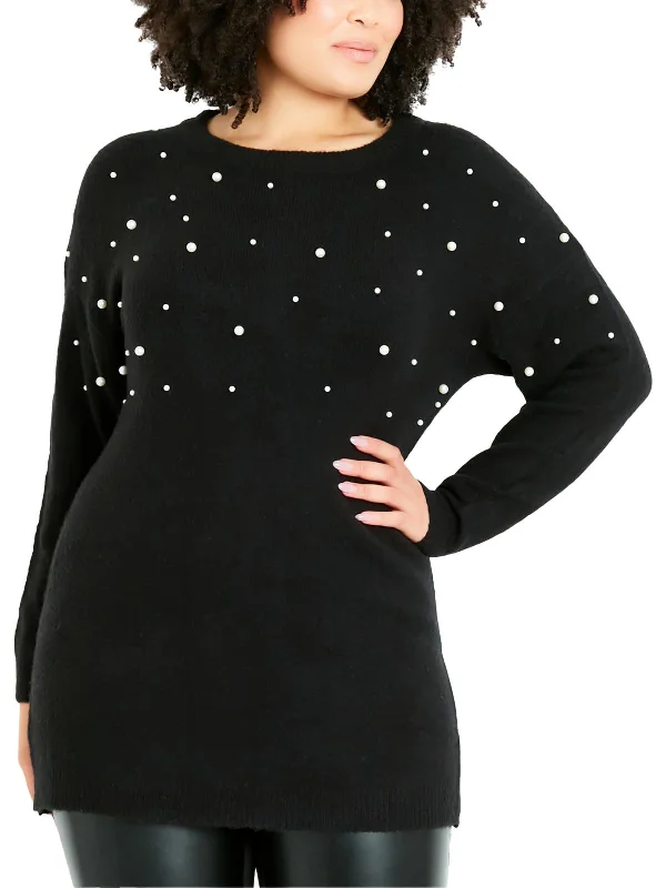 Womens Knit Embellished Crewneck Sweater