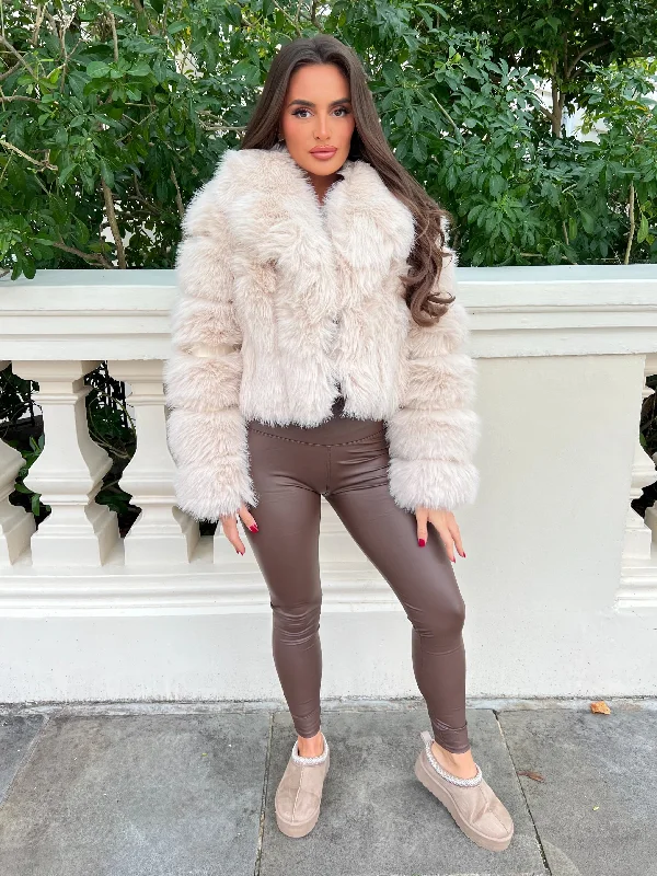 Light Beige Premium Faux Fur Collared Jacket