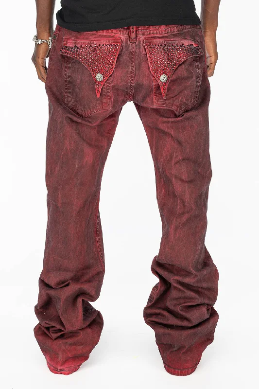 LONG FLAP MENS BOOT CUT JEANS WITH CRYSTALS IN RUG BURGUNDY WASH