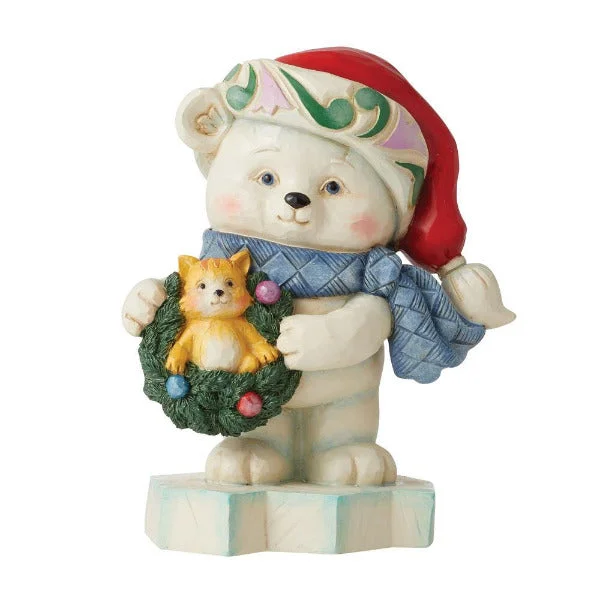 Jim Shore Pint Sized Polar Bear with Kitten in Wreath Figurine