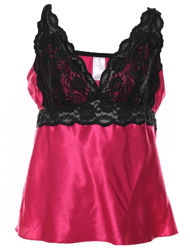 Contrast Pink & Black Lace Trim Silky Babydoll - M