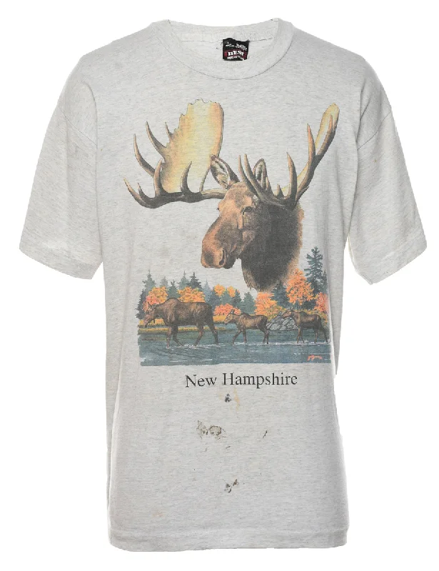 Marl Grey Printed Moose Design T-shirt - L