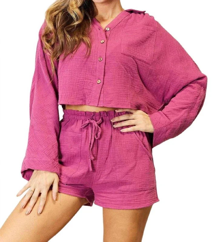 Chic Two-Piece Button-Up Set In Fuchsia