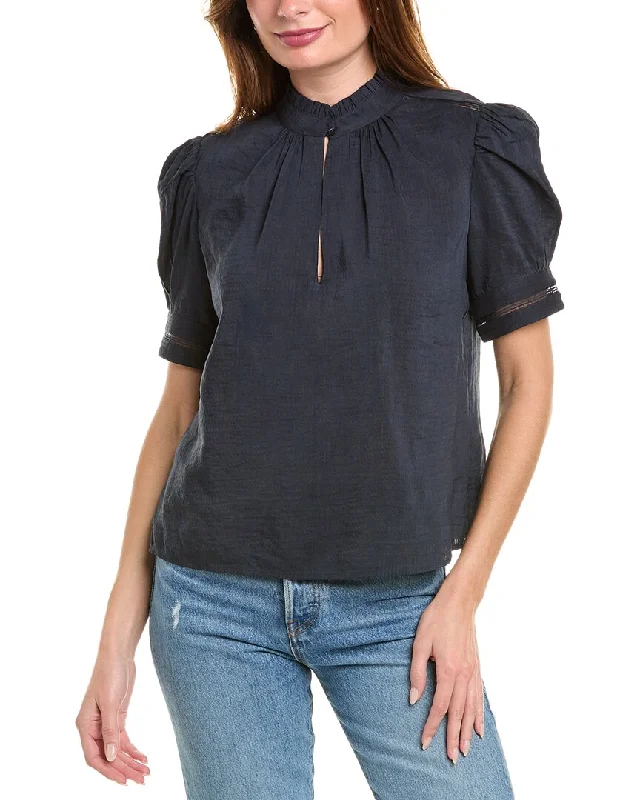 FRAME Denim Ruffle Collar Inset Lace Linen-Blend Top