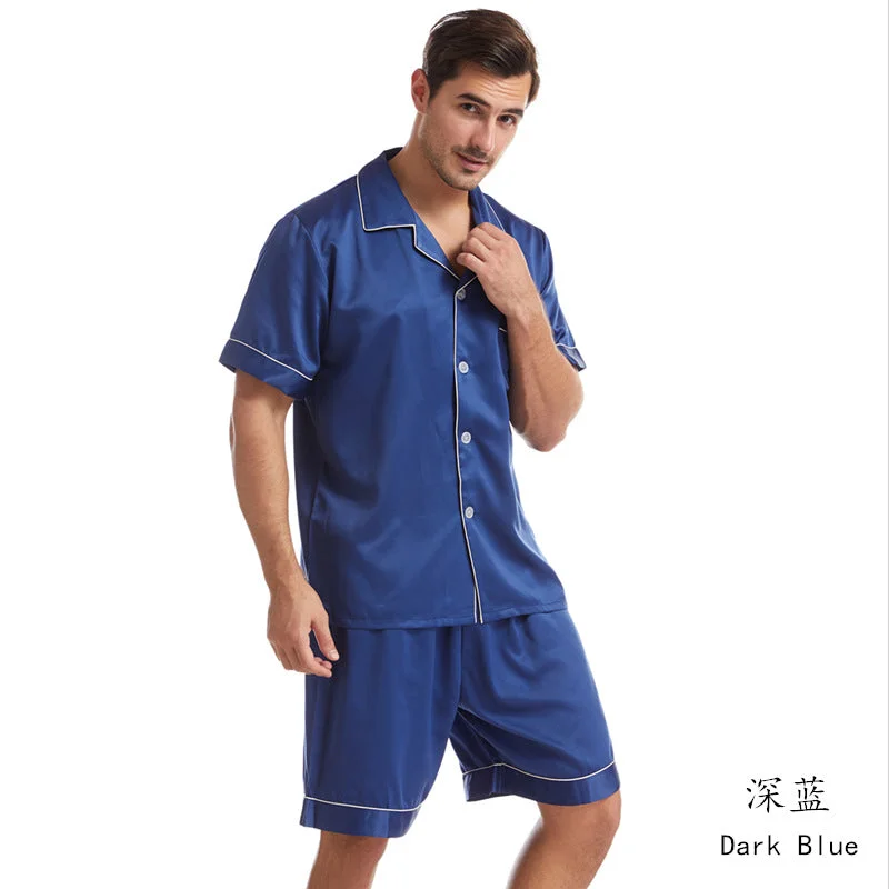 Mens Pajamas Set Solid Color Buttons Tops and Shorts Outfits Set Sleepwear