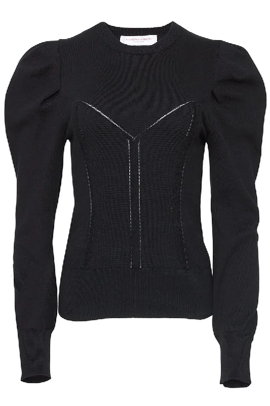 Puff Sleeve Corset Knit Top - Black