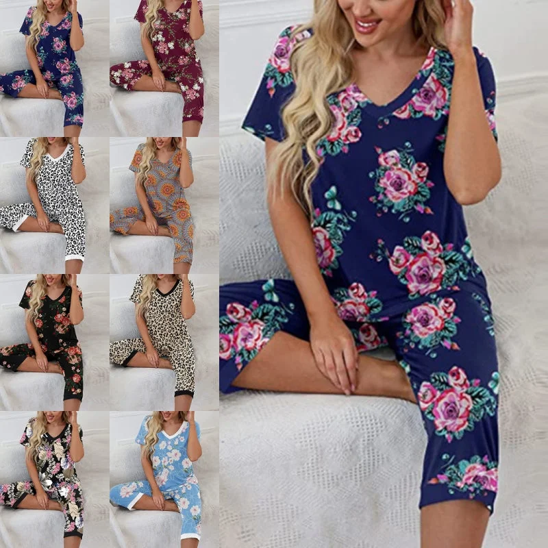 Women Floral Pajama Set Sleepwear Tops with Capri Pants Outfits Ladies Summer Comfy Sleep Nightshirt PJS Set