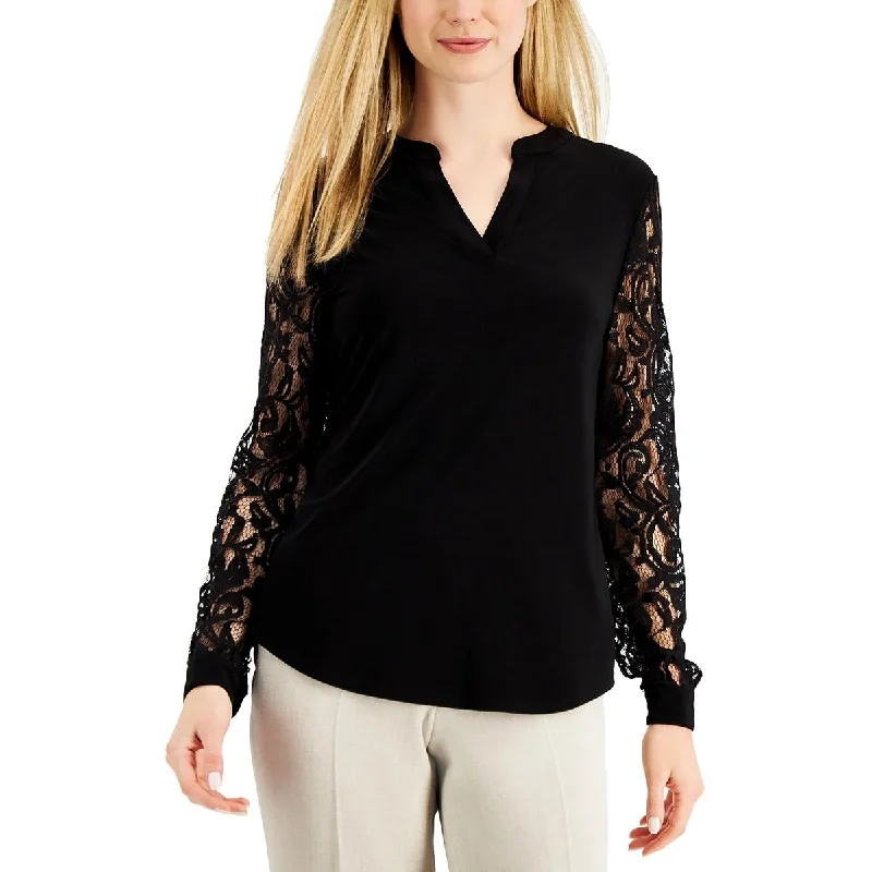 Womens Lace Inset Split Neck Blouse