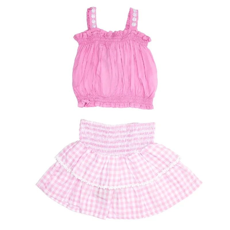 DAISY TRIM TOP AND GINGHAM RUFFLE SKIRT SET