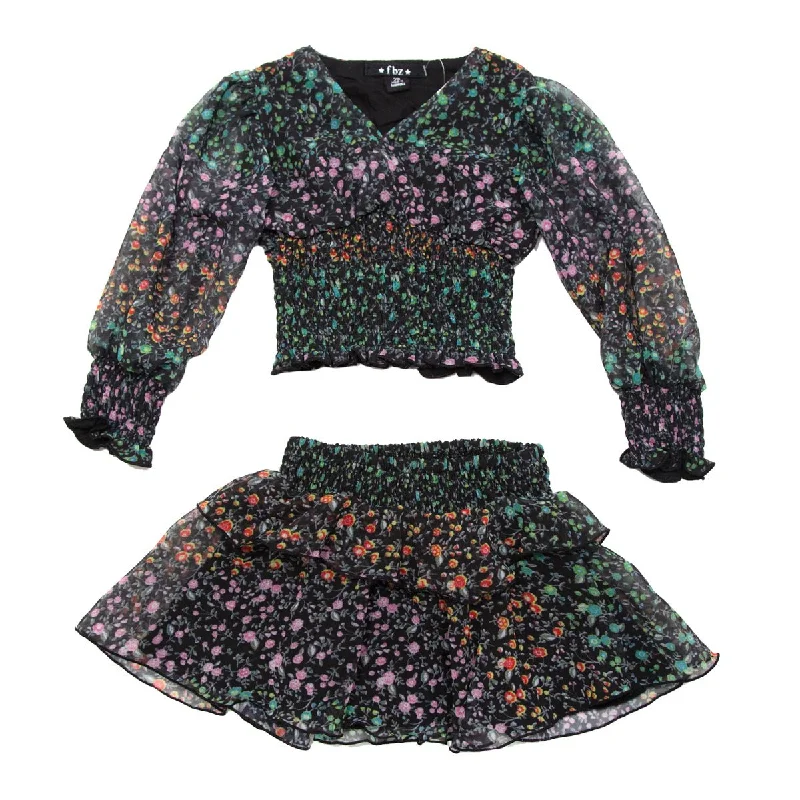 RAINBOW FLORAL BLOUSE AND RUFFLE SKIRT SET