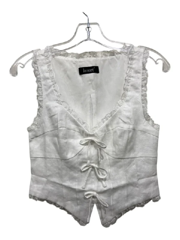 Kourt Size 0 White Linen Sleeveless Lace Trim Bow Detail Corset Top