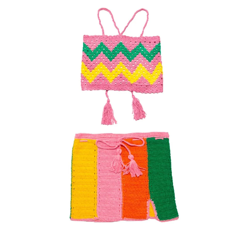 COLOR BLOCK CROCHET TOP AND SKIRT SET