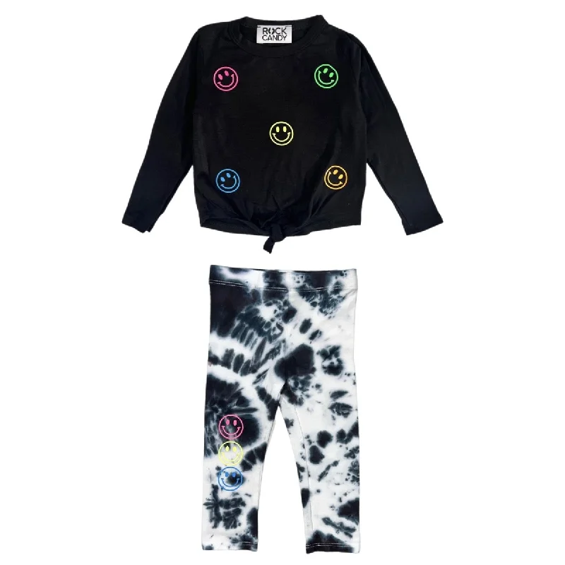 NEON SMILEY FACE LONG SLEEVE TOP AND TIE DYE LEGGINGS SET