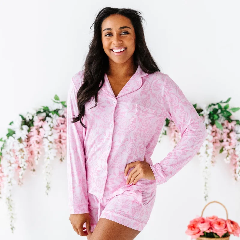 Whispering Roses Women's Collar Shirt & Shorts Set