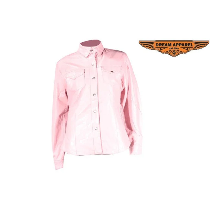 Womens Leather Pink Shirt With Snaps Lining