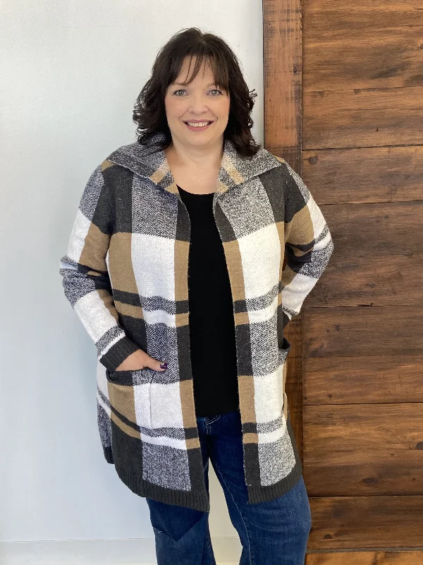 Brown, Cream, Grey Plaid Cardigan