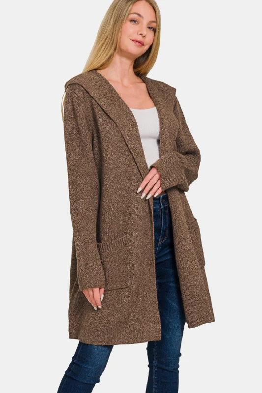 Brown Hooded Open Front Sweater Cardigan