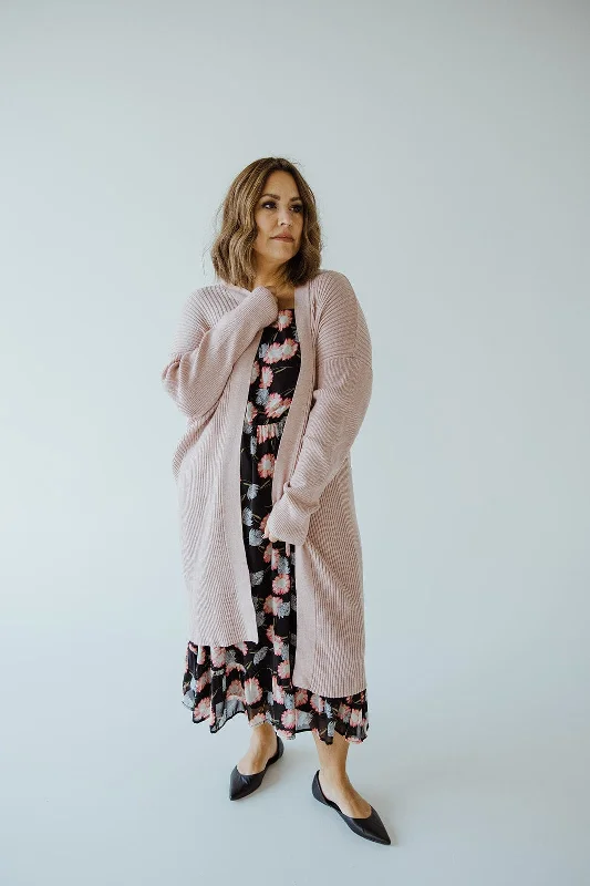 DUSTER CARDIGAN WITH VERTICAL RIBBING IN GREY ROSE