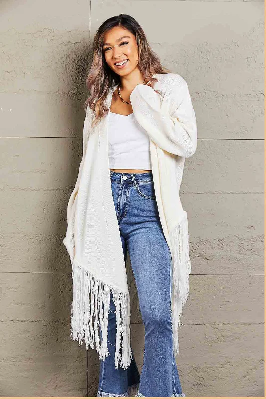 Fringe Hem Open Front Ribbed Trim Cardigan