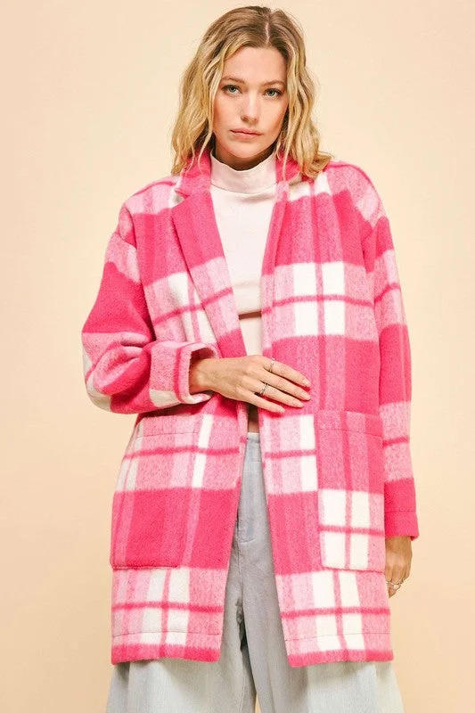 Hot Pink Plaid Open Front Drop Shoulder Longline Coat