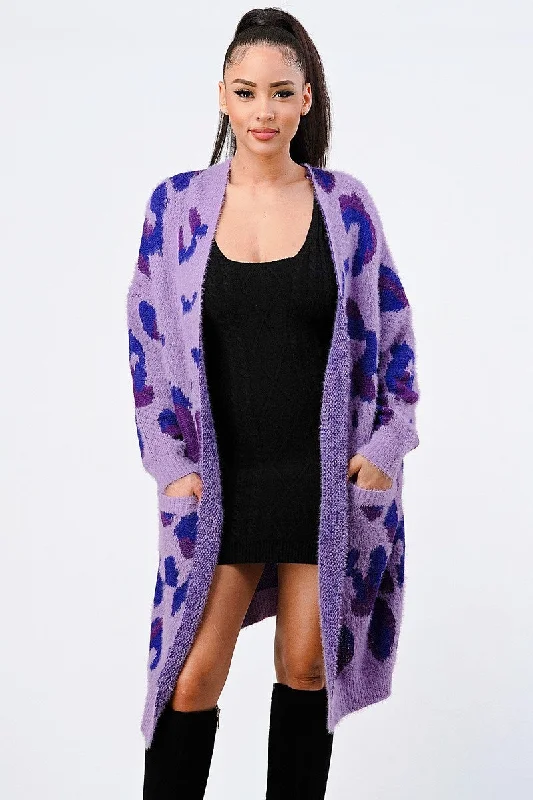 Leopard Angora Sweater Oversized Purple Cardigan