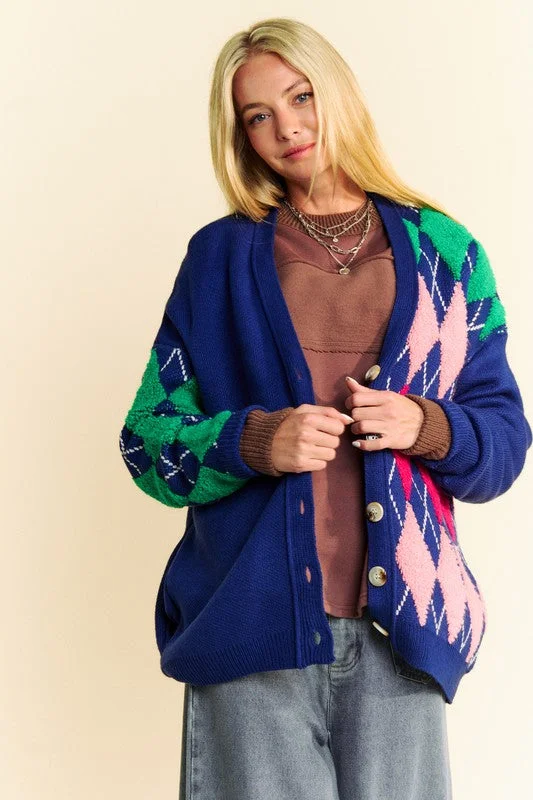 Navy Argyle V-Neck Dropped Shoulder Cardigan