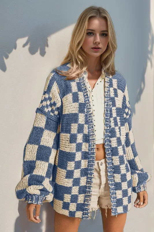 Open Front Blue Checkered Drop Shoulder Cardigan