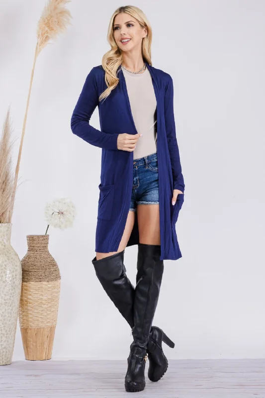 Open Front Navy Cardigan with Pockets, Small to 3XL