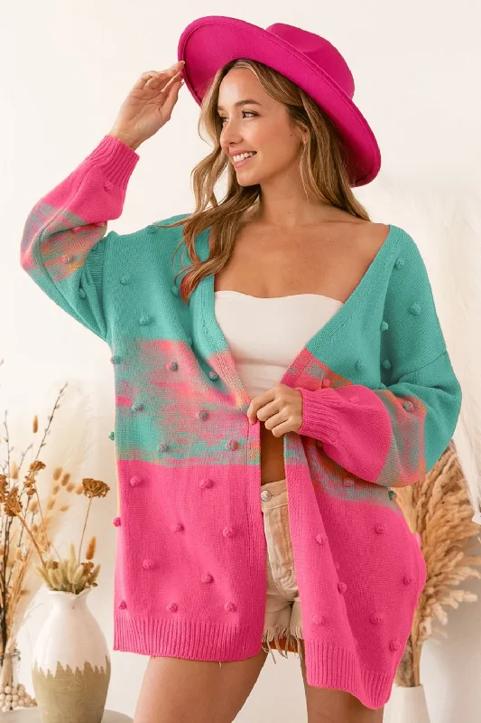 Pink/Turquoise Color Block Pom Pom Sweater Cardigan