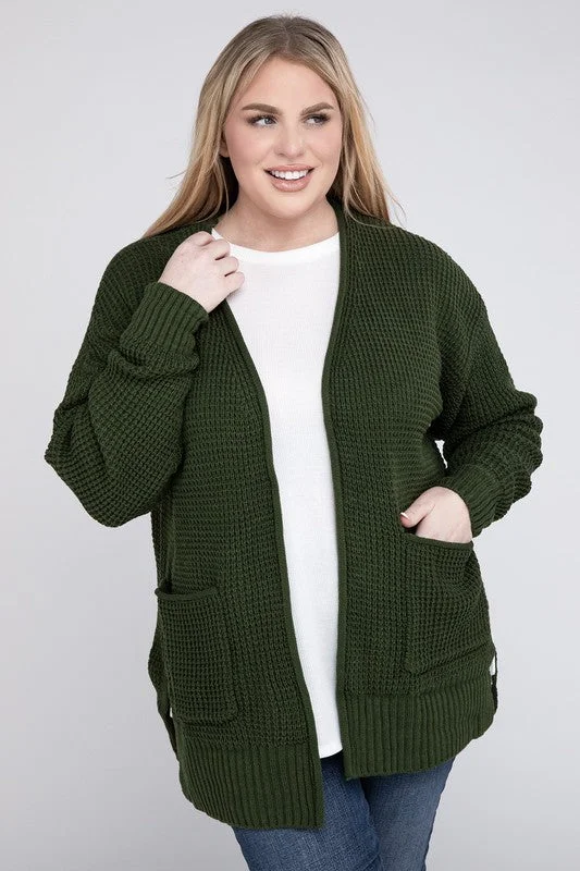 Plus Size Low Gauge Waffle Open Cardigan Sweater