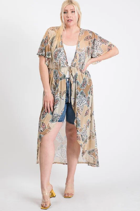 Short Sleeves Long-line Printed Mesh Open Cardigan