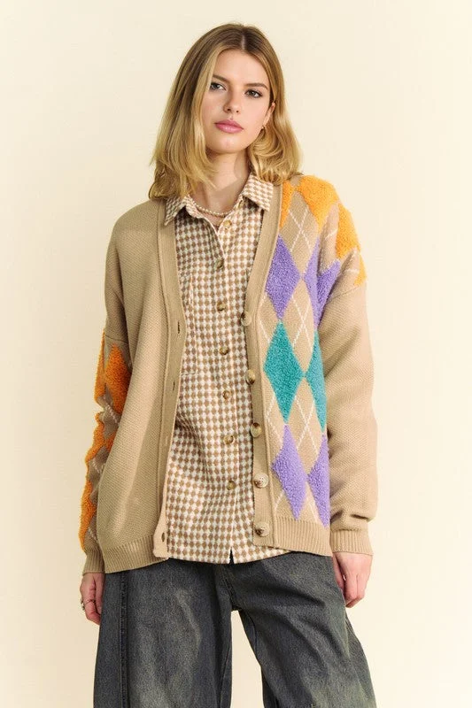 Tan Argyle V-Neck Dropped Shoulder Cardigan