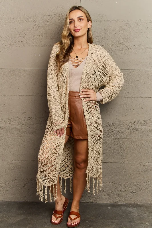 Tan Boho Plus Size 1XL Western Knit Fringe Cardigan