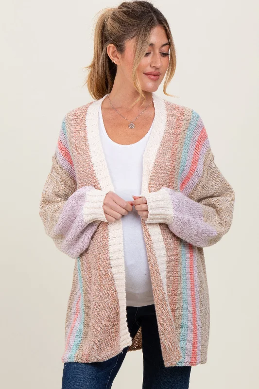 Beige Colorblock Stripe Knit Open Maternity Cardigan