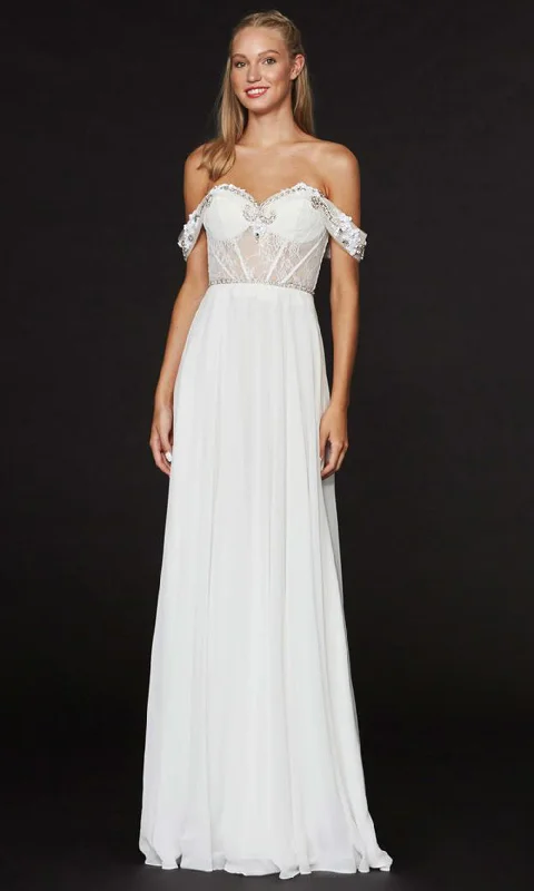 Angela & Alison - 91012SC Bejeweled Off Shoulder A-Line Gown